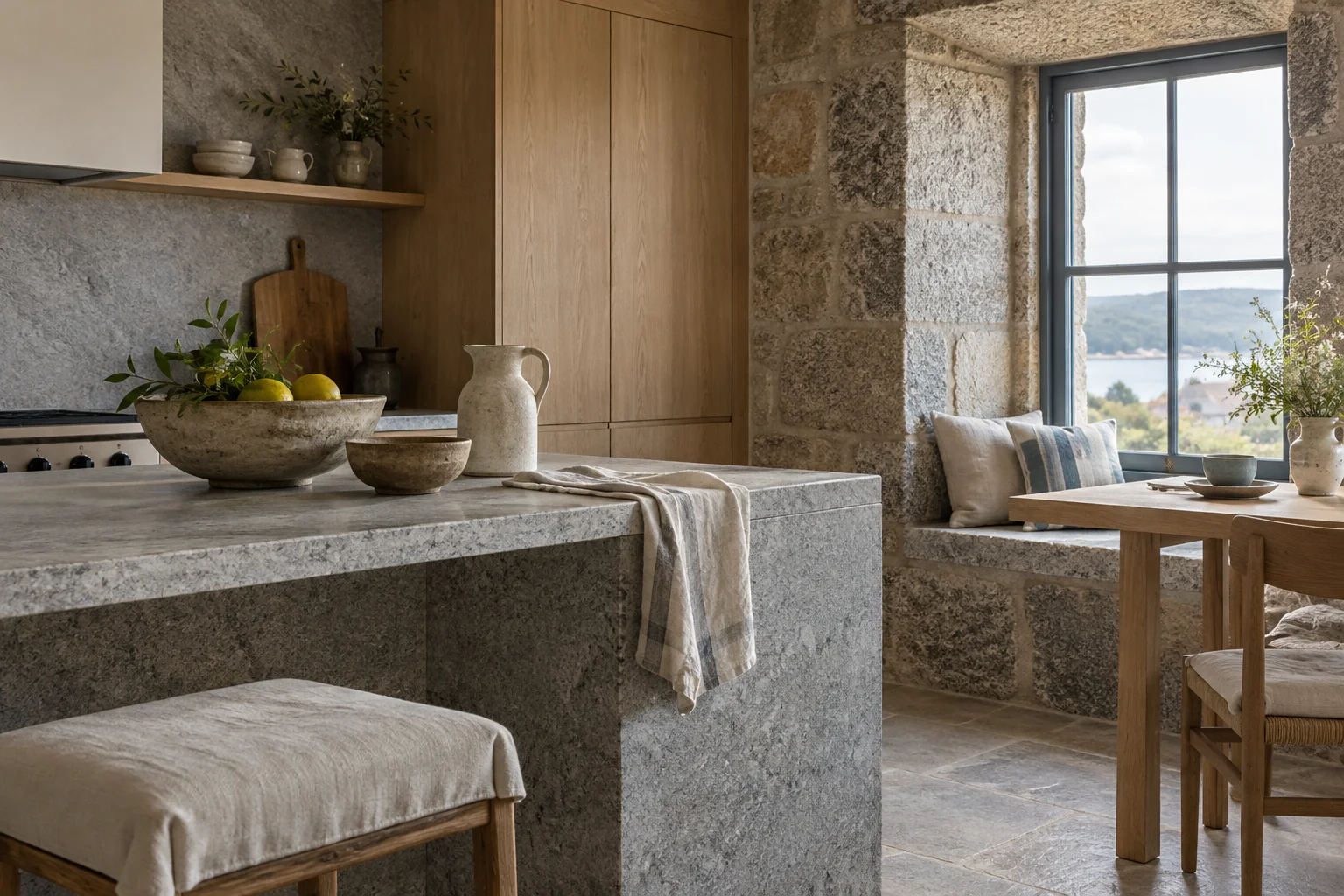 Cocina de madera y piedra en una casa atlántica, imagen conceptual