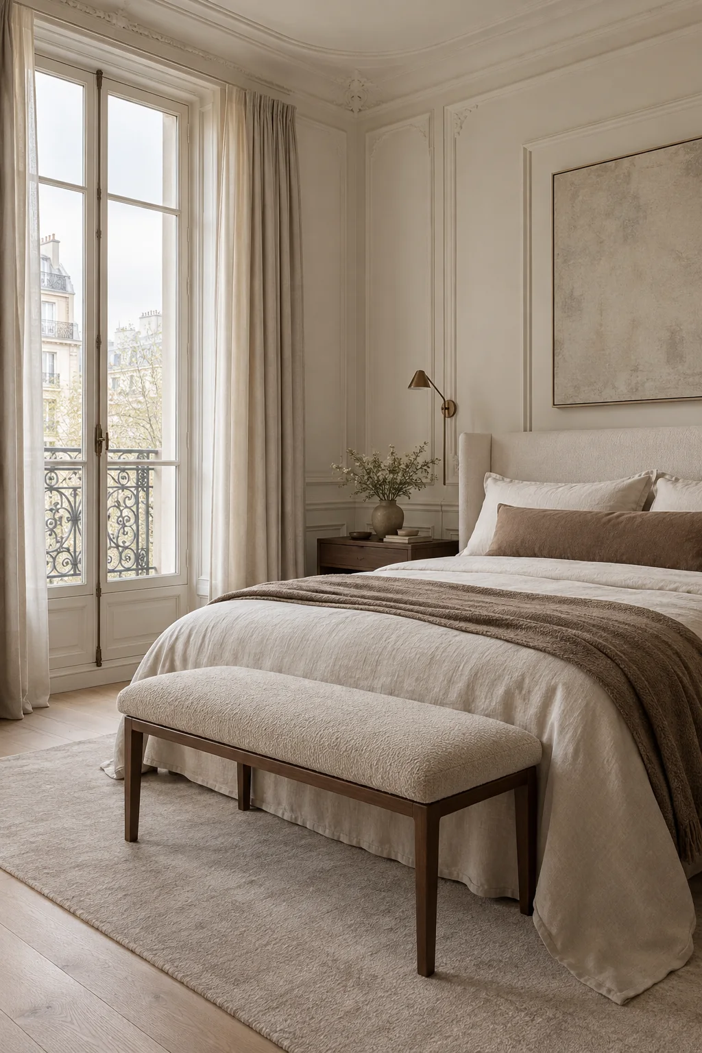 Dormitorio sereno con suelo de tabla recta en un apartamento parisino, imagen conceptual